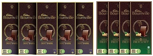 Image of Cadbury Bournville Rich Cocoa Dark Chocolate Bar, 80 gm (Pack of 5) & Bournville Raisin and Nuts Dark Chocolate Bar, 80g (Pack of 4)