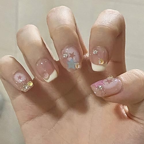 24PCS Short Square False Nails - Fake Nails for Kids - 12 Sizes Funny Cute Press on Nails - Glue on Nails with Diamond Mermaid Bubble Beads - Full Cover Stick on Nails for Women Girls Daily Wear