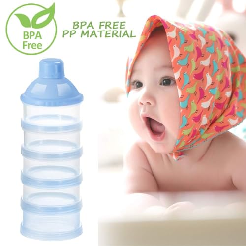 Image of 5 Compartments Stackable Baby Formula Container For Travel Non-Spill Portable and Stackable Formula Travel Container Baby Formula Container Dispenser for Protein Powder, Nuts, Small Fruit (Blue, 3)
