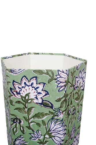 Image of 3.3 Gallon Cotton Hand Block Printed Paper Waste Basket |Small Decorative Trash Can for Housewarming Gifts in Living Room, Bedroom, Bathroom | Eco-Friendly, Plastic-Free (1, L Green Blue FLOWAR)