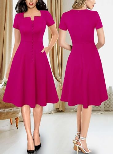 VFSHOW Womens Business Square Neck Notch Work Office A-Line Vintage Church Fit and Flare Dress2