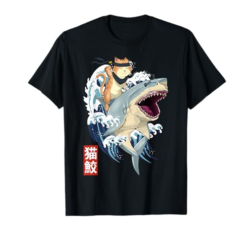 Retro japonés samurái gato tiburón vintage kanagawa Camiseta