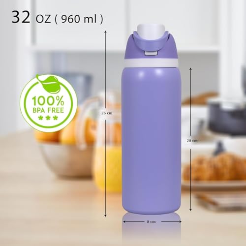 Image of FreeSip Gym Water Bottle with Straw & Chug Lid - Leak Proof Push Button Opening, BPA Free, Large Capacity Sports Bottle with Carry Handle (Ultra Violet, 960 ML)