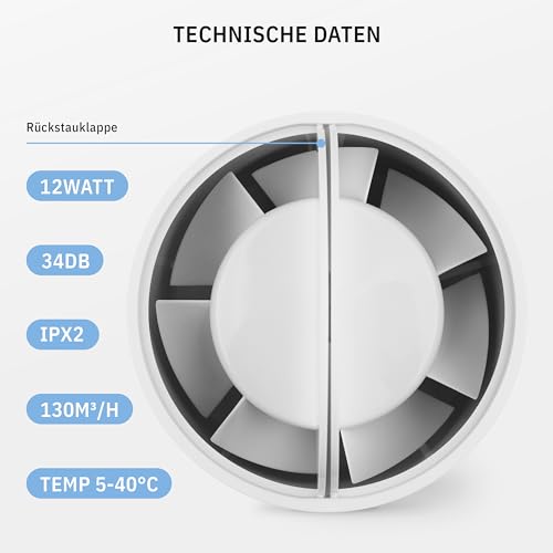 calimaero® INLINE Zuluft-Abluftventilator 100mm, Rohrventilator mit Rückstauklappe, Badlüfter, Grow Tent, Booster Lüfter, Rohreinschublüfter 130m³/h, 12Watt / 34dB / IPX2 / Kunststoff