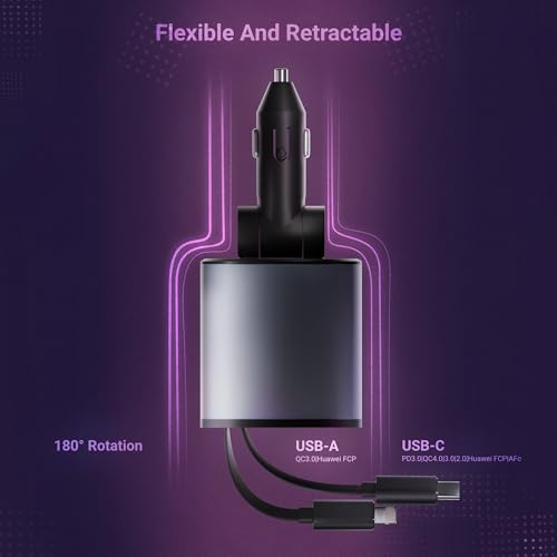 Image of AILKIN Car Charger Fast Charging 120W, 4 in 1 Retractable Car Charger Type C, Car Phone Charger with 2 USB Ports, Car Adapter for iPhone 17 /16 /15 /14 /13 /12 /11, iPad, Android Phones, Dash Cam