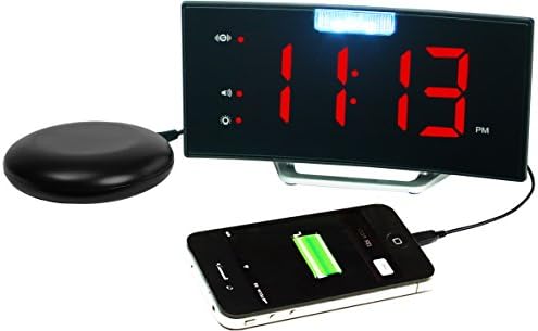 95dB Super Loud Alarm Clock with Bright Flashing Light, Bed Shaker and Snooze Function - The Geemarc WAKE 'N' SHAKE Curve for Heavy Sleepers and Hearing Impaired - USB Charging Port - UK Version