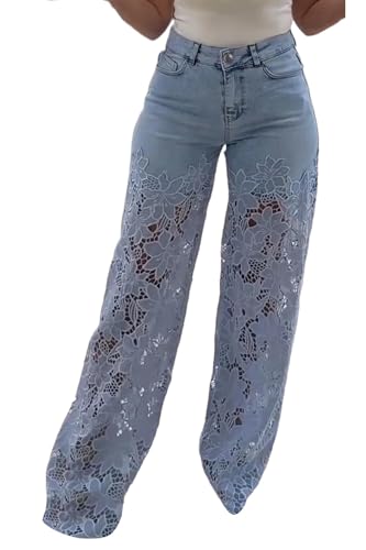 Women's Lace Patchwork Jeans High Waisted Straight Wide Leg Hollow Out Sheer Flower Baggy Stetch Denim Pants