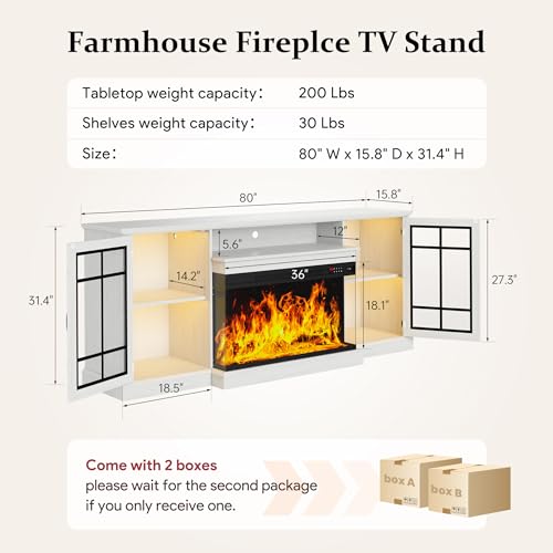 Image of MXV 80'' Fireplace TV Stand, Farmhouse Entertainment Center with 3 Sided Glass TV Stand, Modern Media Console Table with Storage Drawers & Cabinets with LED Flame and Lights for Living Room, White