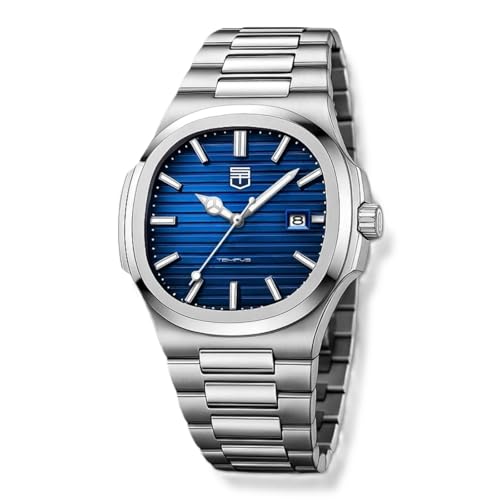 Reloj Hombre Tempus Nautic – Movimiento de Cuarzo Japonés, Acero Inoxidable, Correa Ajustable con Herramienta, Cristal Resistente a Arañazos, 3ATM, Día y Fecha (Azul, Plata, Acero Inoxidable)