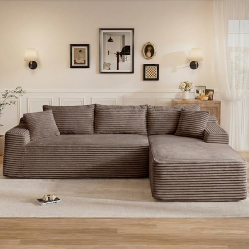 Image of 95 inch L Shaped Cloud Boneless Sectional Couches for Living Room, Modern Comfy Modular Deep Seat Memory Foam Compressed Corduroy Sofa Oversized Right Facing Chaise, No Assembly Required, Brown
