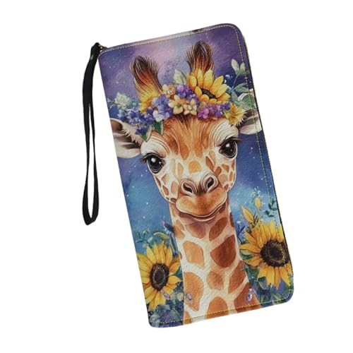 Galaxy Giraffe Floral Long Wristlet Wallet for Women Zipper Phone Cards Holder Clutch Purse Organizer