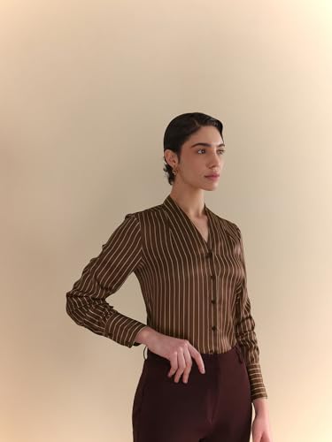 Image of FableStreet Women Formal Shirt | Relaxed Fit V-Neck Polka Dot Pattern with Pleated Detailing | Satin Fabric for Business Casual