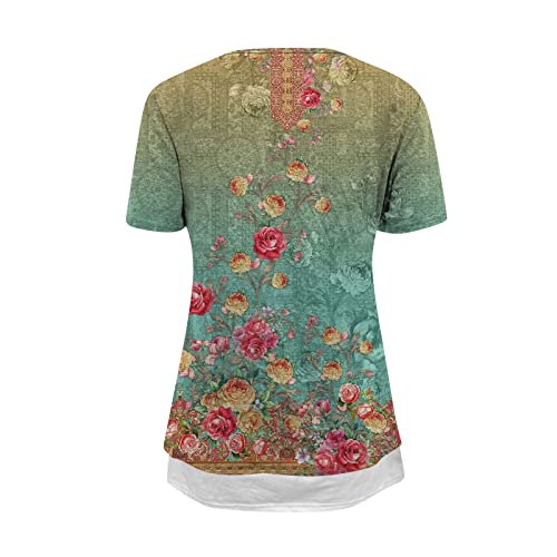Going Out Tops For Women Floral Print Pleated Tops Short Sleeve Square Neck Button Blouses Casual Loose Shirts Loose Fit T-Shirts Womens Summer Tops 2023 Red Medium #TOP1