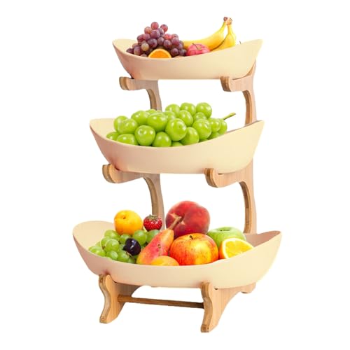 Présentoir à Fruits à 3 Étages avec Bac pour Cuisine, Support Moderne en Bois avec Panier de Rangement pour Plan de Travail et Gâteaux
