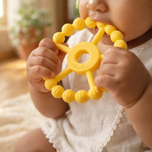 Image of Cubkins Silicone Ring Teether for Babies 3-12 Months | BIS Certified, BPA Free, Food Grade | Teething Ring for Soothing Gums | Zero Plastic | Easy Grip Baby Teething Toy (Lemon)