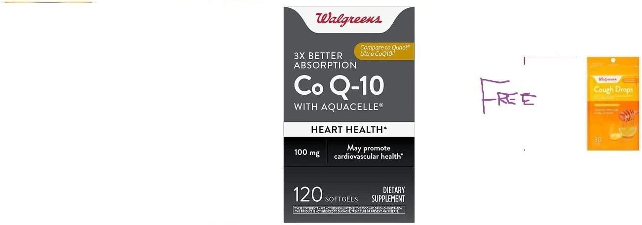 Walgreens 3X Better Absorption Co Q-10 with Aquacelle 120 softgels with Free Honey Cough Drops 30 Count