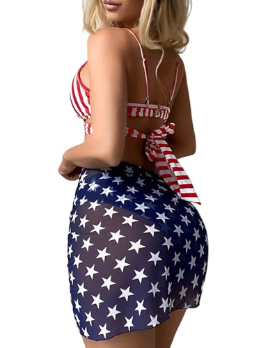 Women Sexy 3Pcs American Flag Bikini Set, 4th of July Patriotic Swimsuit, July Fourth Red White and Blue Bathing Suit