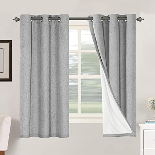Primitive Linen Curtains 100% Blackout Curtain Drapes Burlap Fabric Curtains with White Thermal Insulated Liner, Grommet Top Curtains Living Room/Bedroom (2 Panels, 42 x 63 Inch, Dove Gray)