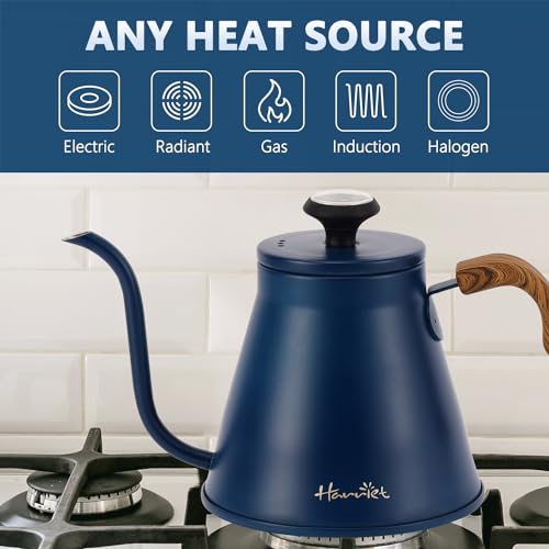 Image of Harriet Gooseneck Kettle with Thermometer for Pour Over Coffee and Tea, 37 fl oz, Stainless Steel, Durable 3-Layer Base, Ideal Spout for Precision Pouring, Compatible with all Stove Tops, Blue