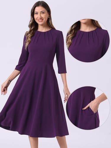Image of Allegra K Elegant Work Dress for Women's 3 /4 Sleeve Round Neck Pockets Vintage A-Line Swing Midi Dress