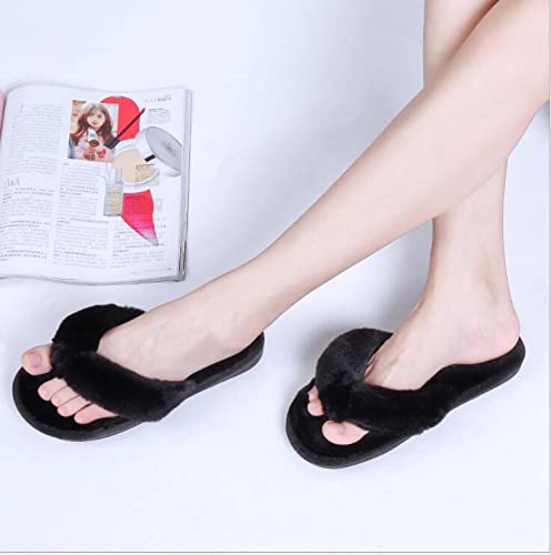 Fashion Furry Women Flip-Flops Thongs Fuzzy Slippers Fluffy Faux Fur Warm Shoes Woman Slip On Open Toe Slippers For Indoor Outdoor,7-8,Black #TOP5