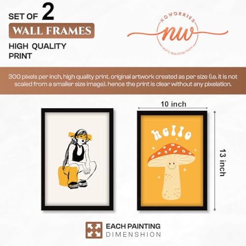 Image of NoWorries Aesthetic Pop Art Wall Framed Painting Set | Girl Illustration & Cute inchHello inch Mushroom Art Prints | Premium 300 GSM Paper Print with Synthetic Wooden Frames | Modern Abstract Wall Decor for Living Room, Bedroom & Office (Set of 2) (BLACK, ART-1, 10X13INCHES)