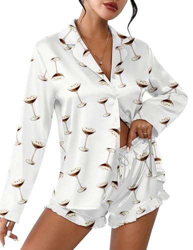 Ekouaer Womens Satin Pajama Sets Long Sleeve Top and Shorts Lounge Set Button Down Sleepwear Wine Glass S