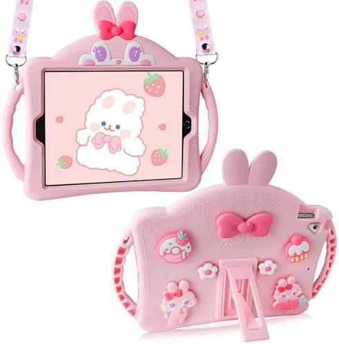 VOFUOE for iPad 6th 5th Generation Case for iPad 9.7 Case 2018 2017 with Shoulder Straps, Cute Rabbit Soft Silicone Tablet Protective Cover Kids Girls for iPad Pro 2016/iPad Air 2th 9.7''-Pink