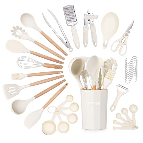 Nuovva Silicone Cooking Utensils Set with Wooden Handle, 35pcs