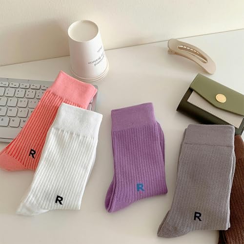 6 pairs - Korean-style girls' spring and summer mid-tube socks, outerwear sports R letter socks3