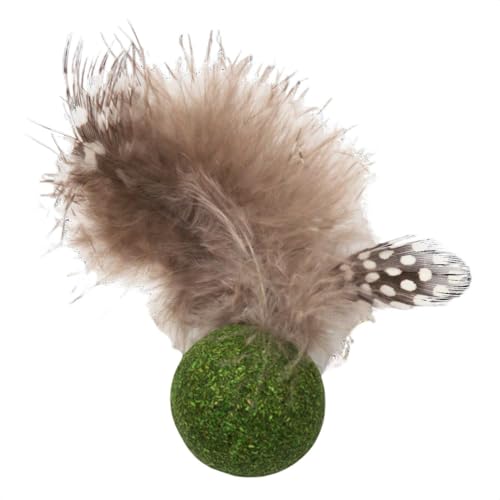 Jack and Vanilla, Boule d'herbe à Chat Interactive avec Plume, stimule l'instinct de Chasse, 100% Naturelle, 5 cm, Couleur Vert/Brun, idéale pour Le Bien-être de Votre félin, Modèle Herbals