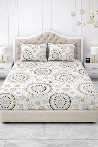 Image of 300 TC Cotton Feel Glace Cotton Elastic Fitted Bedsheet for King Size Double Bed | Fits up to 8 Inch Mattress | Printed Bedsheet with 2 Pillow Covers (Cream Brown, Double Size - 72 inchx72 inch)