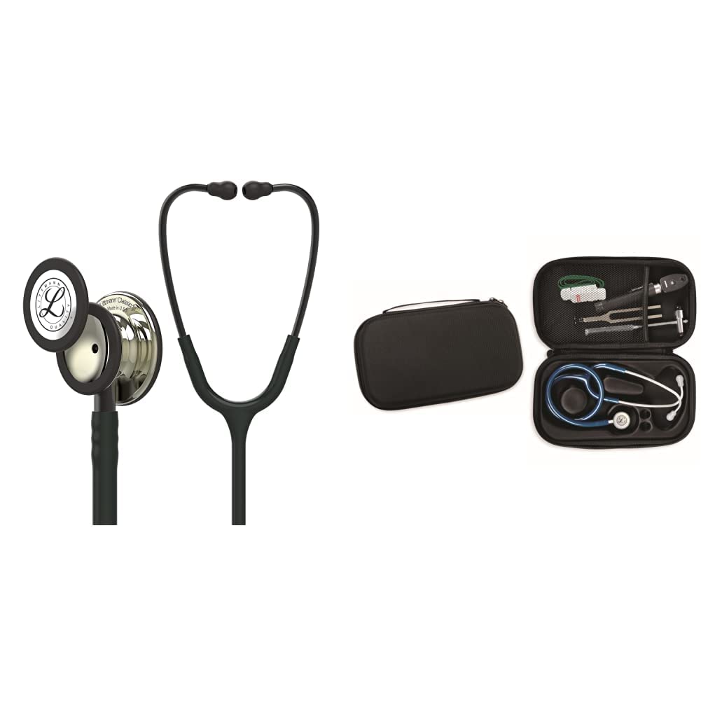 3M Littmann Classic III, Stetoscopio, testina con finitura champagne, tubo auricolare nero, connettore e archetto nerofumo, 69 cm, 5861 + GIMA ASTUCCIO PORTA FONENDO, Nero, Uso Professionale