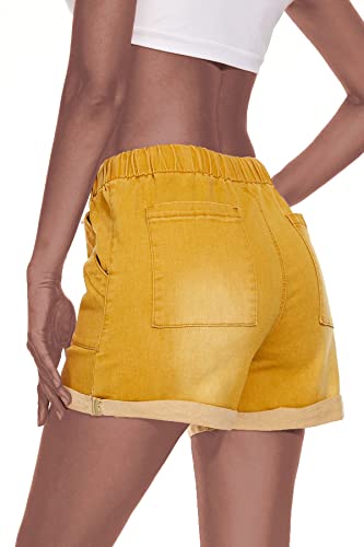 Neyouqe Women's Baggy Jeans Shorts Short Panties Vacation Clothing Athletic High Waisted Running With Pocket Gym Elastic Workout Biker Soft Stretch Khaki Board Pants Summer Fall Folded Hem Hot Denim L #TOP3