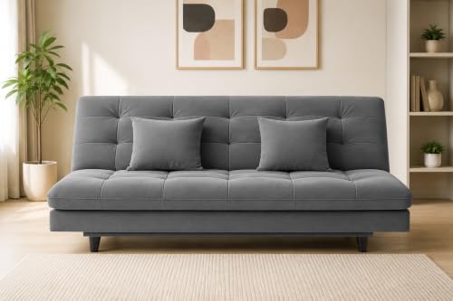 Image of Los Angeles Modern Convertible Futon Sofa Bed, Tufted Upholstered Folding Couch with Adjustable Backrest, Space Saving Sleeper Sofa for Living Room, Apartment, Office, Dorm & Guest Room - Grey