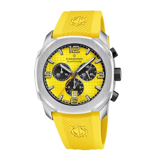 Candino SWISS Orologio Uomo Analogico con Cinturino in Caucciù Giallo - Movimento al Quarzo - Cronografo - Calendario - Vetro Zaffiro ad Alta Resistenza - Impermeabile 10 ATM C4774/1 Icon