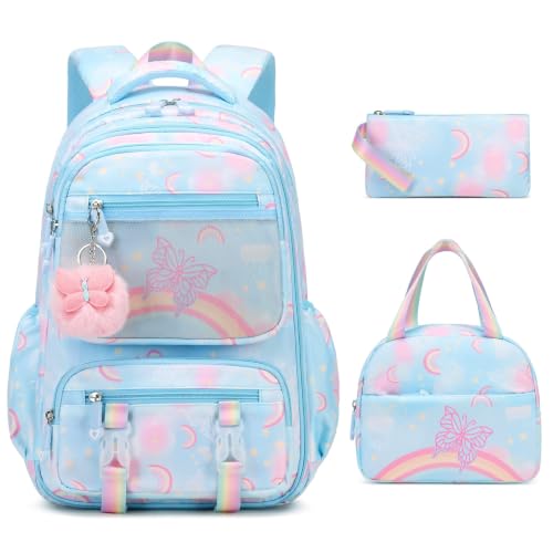 3PCS Rainbow Butterfly Girls Backpacks with Lunch Bag & Pencil Pouch
