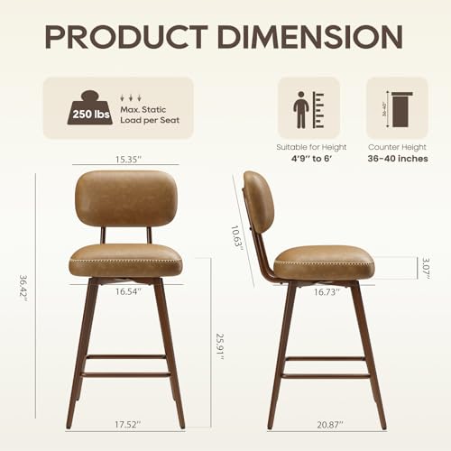 Image of MALOL 26 inch PU Leather Swivel Bar Stools Set of 3, Mid Century Counter Height Bar Chairs with Low Back and Metal Legs, Modern Bar Stool Chair for Kitchen Island, Brown