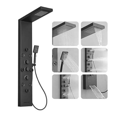 Homevacious 5 IN 1 Black Shower Panel, Stainless Steel Shower Tower Panel System, Rainfall Waterfall Shower Head with Handheld Shower, Massage Body Jets with Tub Spout,Matte Black Shower System