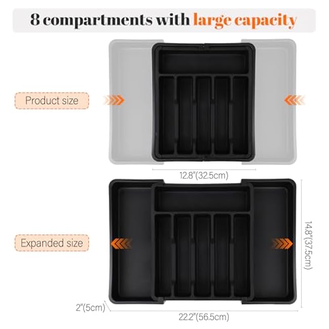 S&F Homes Cutlery kitchen organizer, drawer organizer for storage and organization, expandable tray, flatware and silverware holder for kitchen, adjustable cutlery holder, BPA-Free. (Black)