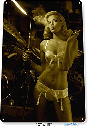 NNHG Tin Sign 8x12 inches Lite Her Up Pin-up Girl Machine Shop Welding