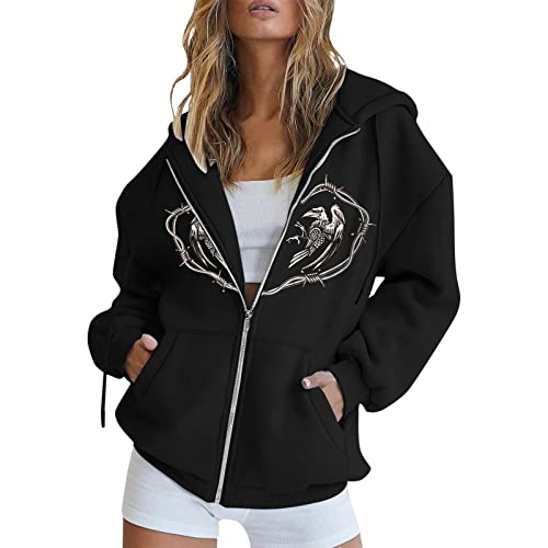 Sudadera con capucha para mujer 2025 con cremallera gótica, para otoño e invierno, manga larga, con bolsillos, sudadera con cremallera, abrigo de gran tamaño, chaqueta deportiva, Negro , L