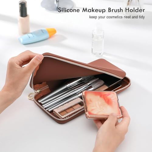 Image of INOVERA (LABEL) Makeup Brush Holder Pouch Case for Travel - Silicone Cosmetic Brushes Kit - Travelling Make up Organizer Bag (Dark Brown)