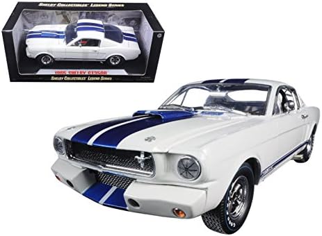 Shelby Collectibles SC168-1 1965 Ford Shelby Mustang GT 350R White with Blue Stripes and Printed Carol Shelby Sign Roof 1/18