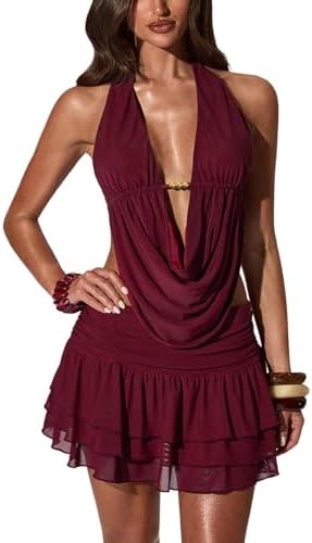 OYOANGLE Women's 2 Piece Outfits Y2K Deep V Neck Sleeveless Halte...