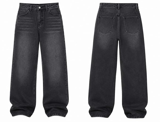 Buy Men's Black Whisker Baggy Wide Leg Denim Jeans - Image 2