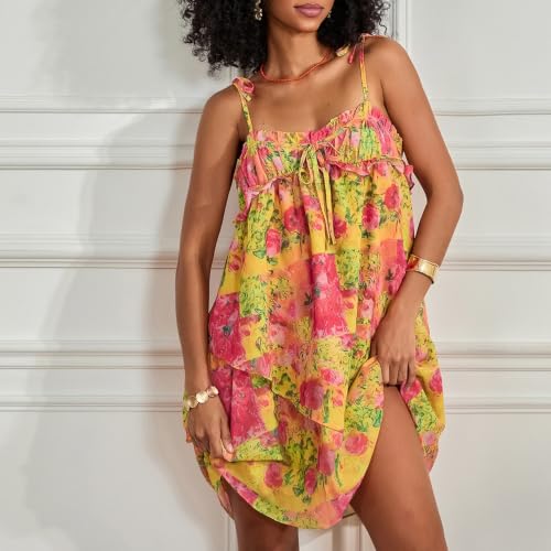 Image of Women Boho Floral Mini Cami Dress Spaghetti Strap Flowy Sling Dress Graphic Backless Summer Holiday Sundress