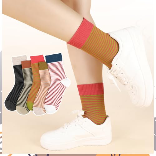 Jspupifip Womens Strip Crew Socks 6 Pairs Cotton Casual Athletic Socks Cute College Style Ribbed Colorful Crew Sock for Women and Girls, Color#01 Stripe — view 2