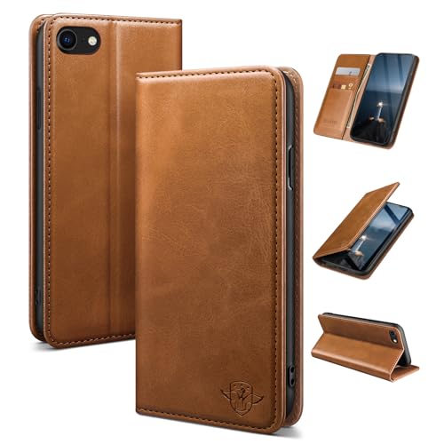 SUANDUCK for iPhone SE 2022/7/8/SE 2020 4.7 - Magnetic Leather Flip Wallet Case with RFID Blocking Credit Card Holder & Adjustable Stand Flip Folio Book Shockproof Cover for Apple 7 Light Brown