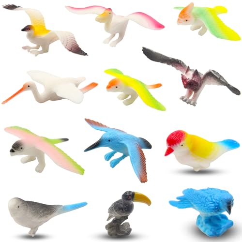 Pinowu Figurines d'oiseaux (12 pièces), aigle réaliste, perroquet, toucan, pigeon, hibou, jouets éducatifs pour maison de poupée, décoration de gâteau d'anniversaire, cadeau pour enfants et